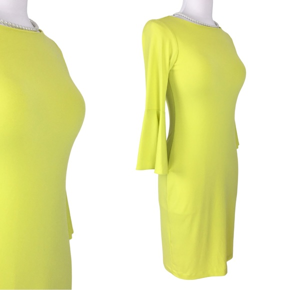 Calvin Klein Yellow Sheath Peplum Bell 3/4 Sleeve Midi Dress size 2 - Picture 3 of 11